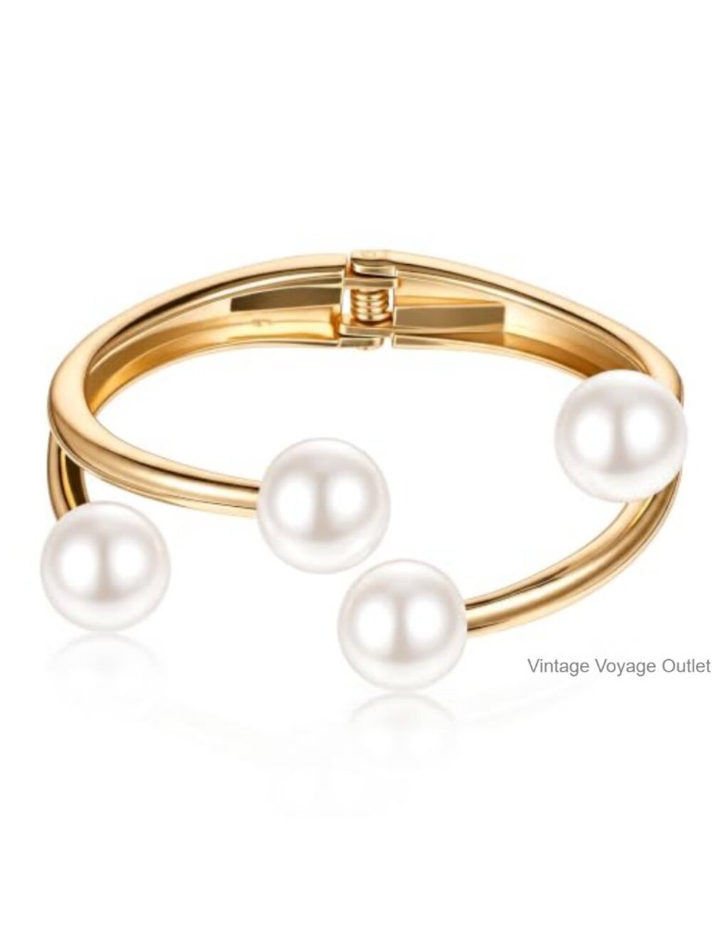 Gold Plated Chunky Open Cuff Bangle with Imitation Pearl, Women's Bracelet